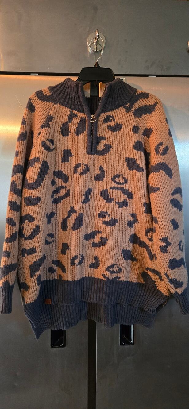 Simply Southern Women's Leopard Print Mock Zip Sweater Size L Oversized
